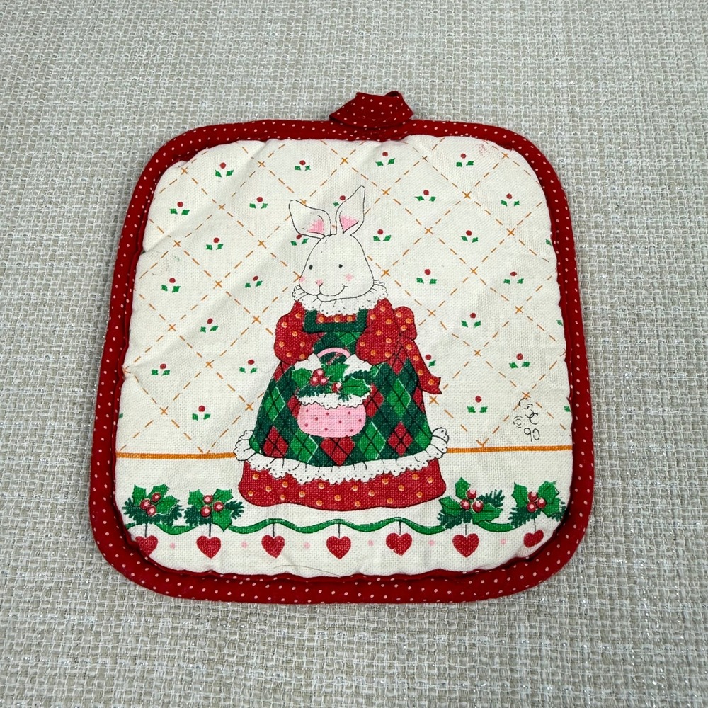 Vintage 1990s CECIL SAYDAH Christmas bunny print Pot Holder‎